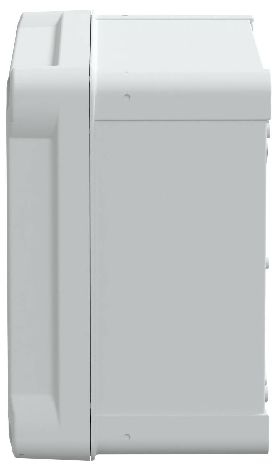 Eine weiße, rechteckige elektrische Gehäuse, von der Seite betrachtet, mit einem einfachen und robusten Design und einigen sichtbaren Schrauben.