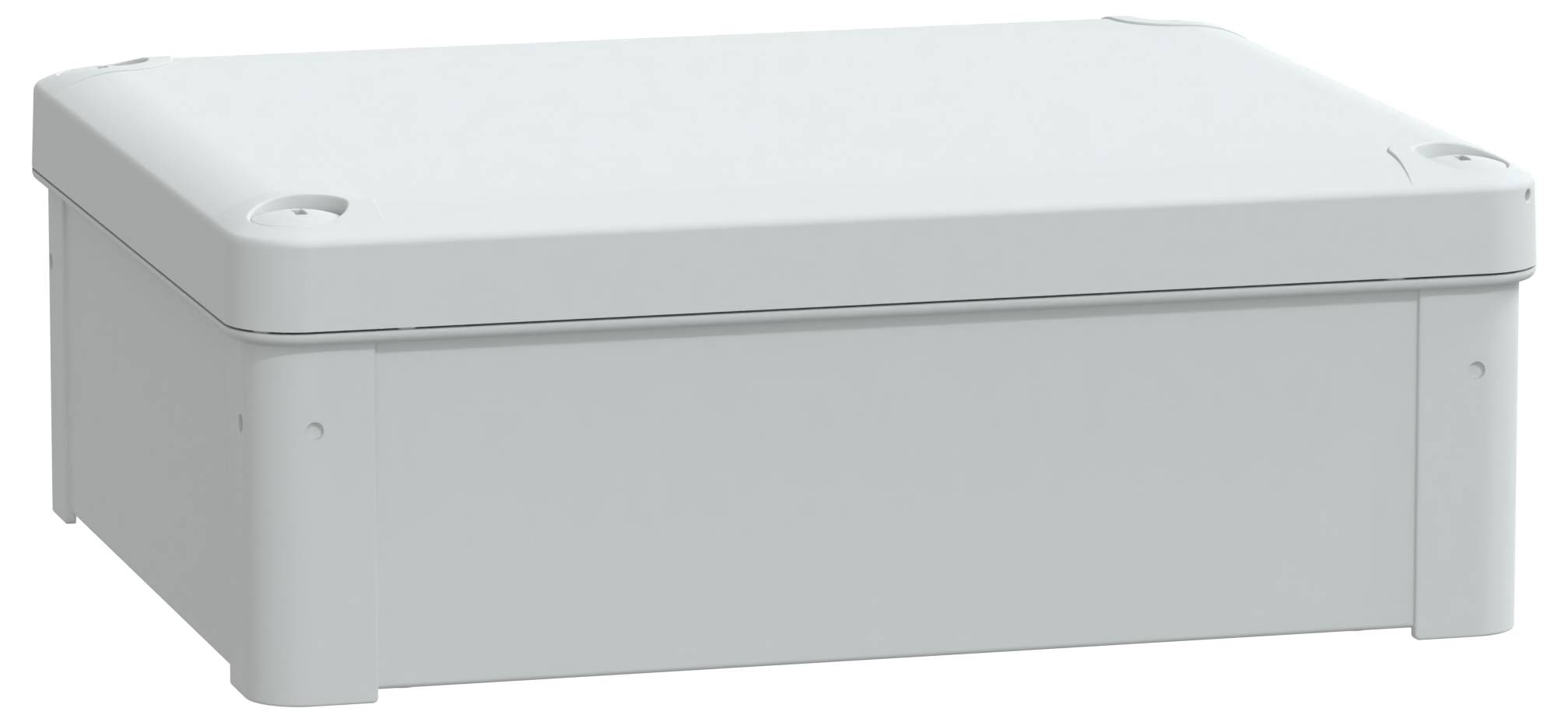 Eine rechteckige graue Kunststoffgehäusebox mit abnehmbarem Deckel. Sie ist zum Unterbringen und Schutz von elektronischen Komponenten konzipiert.