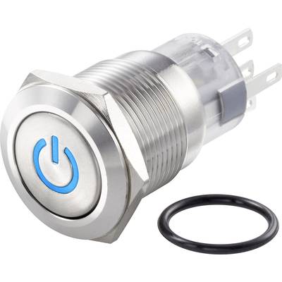Metallischer Druckschalter mit blauem Ein-/Ausschalt-Symbol und schwarze Dichtung. Geeignet für elektronische Anwendungen.
