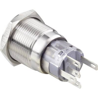 Metallischer Druckknopf, Seitenansicht, mit sechseckiger Mutter und mehreren elektrischen Kontakten.