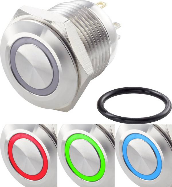 TRU COMPONENTS TC-7494616 TC-GQ16F-10E/42RGB/ Vandalismusgeschützter Drucktaster 48 V/DC 2 A 1 x Aus/(Ein) tastend Rot, Grün, Blau, RGB IP65 1 St.