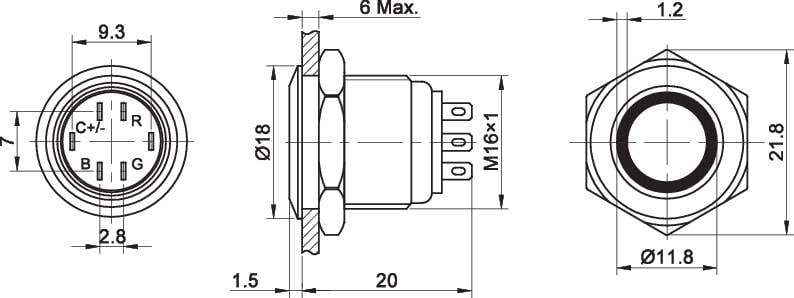 Technische Zeichnung eines elektrischen Steckverbinders mit Abmessungen. Vorder-, Seiten- und Rückansicht zeigen Durchmesser und Anschlüsse.