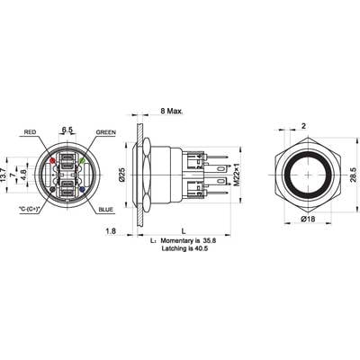Technische Zeichnung eines rundförmigen Steckers mit Abmessungen und Detailansichten von vorne, seitlich und oben. Maße und Details angegeben.