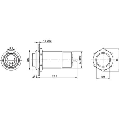 Technische Zeichnung eines zylindrischen Bauteils mit Maßen. Zeigt Ansichten von vorne, seitlich und oben mit detaillierten Abmessungen.