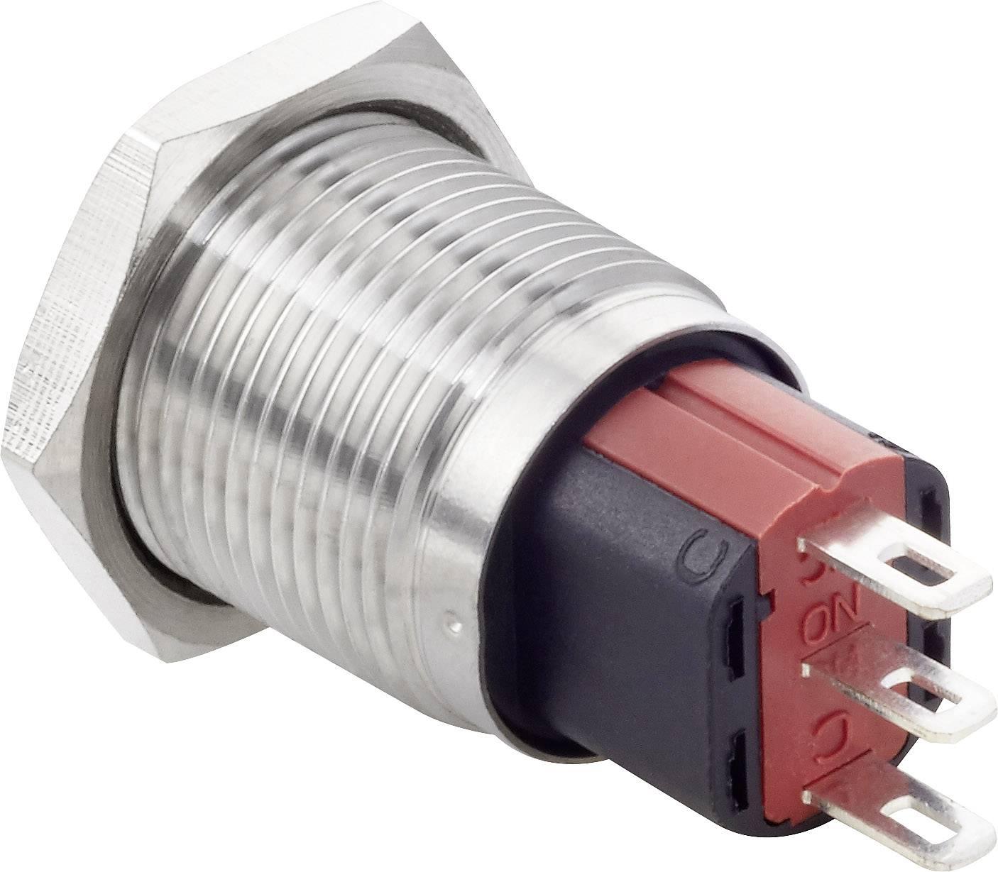 Ein runder, metallischer Druckknopf mit einem sechseckigen Rahmen und roten Anschlusspins, geeignet für elektrische Schaltungen.