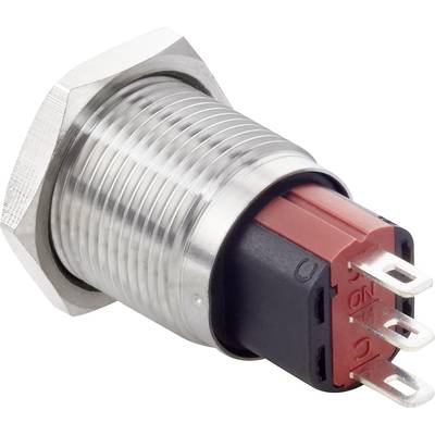 Ein runder, metallischer Druckknopf mit einem sechseckigen Rahmen und roten Anschlusspins, geeignet für elektrische Schaltungen.