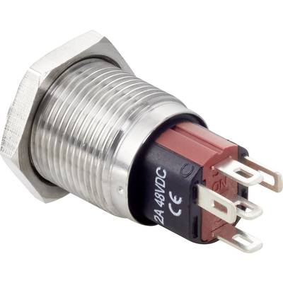 Metallschalter mit Schraubgewinde und roten Anschlusskontakten. Beschriftet mit '2A 48VDC', CE-Zeichen vorhanden.