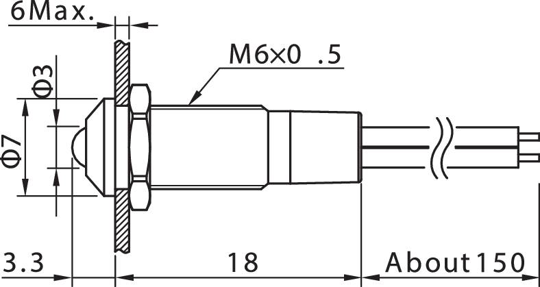Technische Zeichnung eines zylindrischen Sensors mit M6-Gewinde, Gewindelänge 3 mm, Gesamtlänge etwa 150 mm.