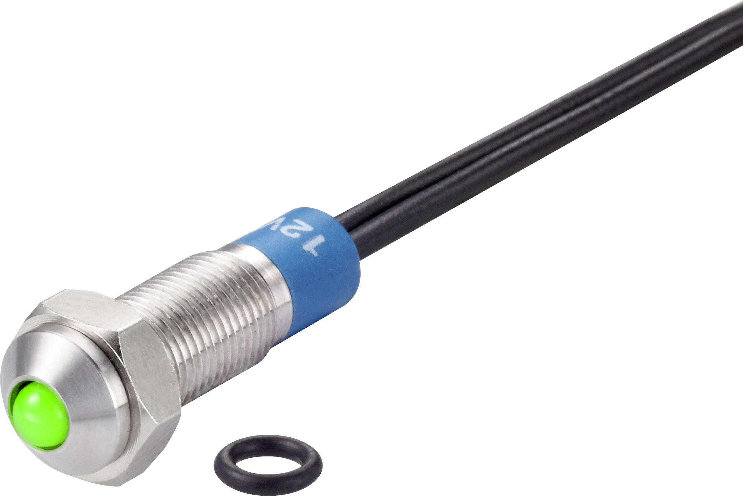 Ein metallischer, zylindrischer Sensor mit einem grünen Leuchtteil an der Spitze und einem verbundenen Kabel. Ein schwarzer Dichtungsring liegt daneben.
