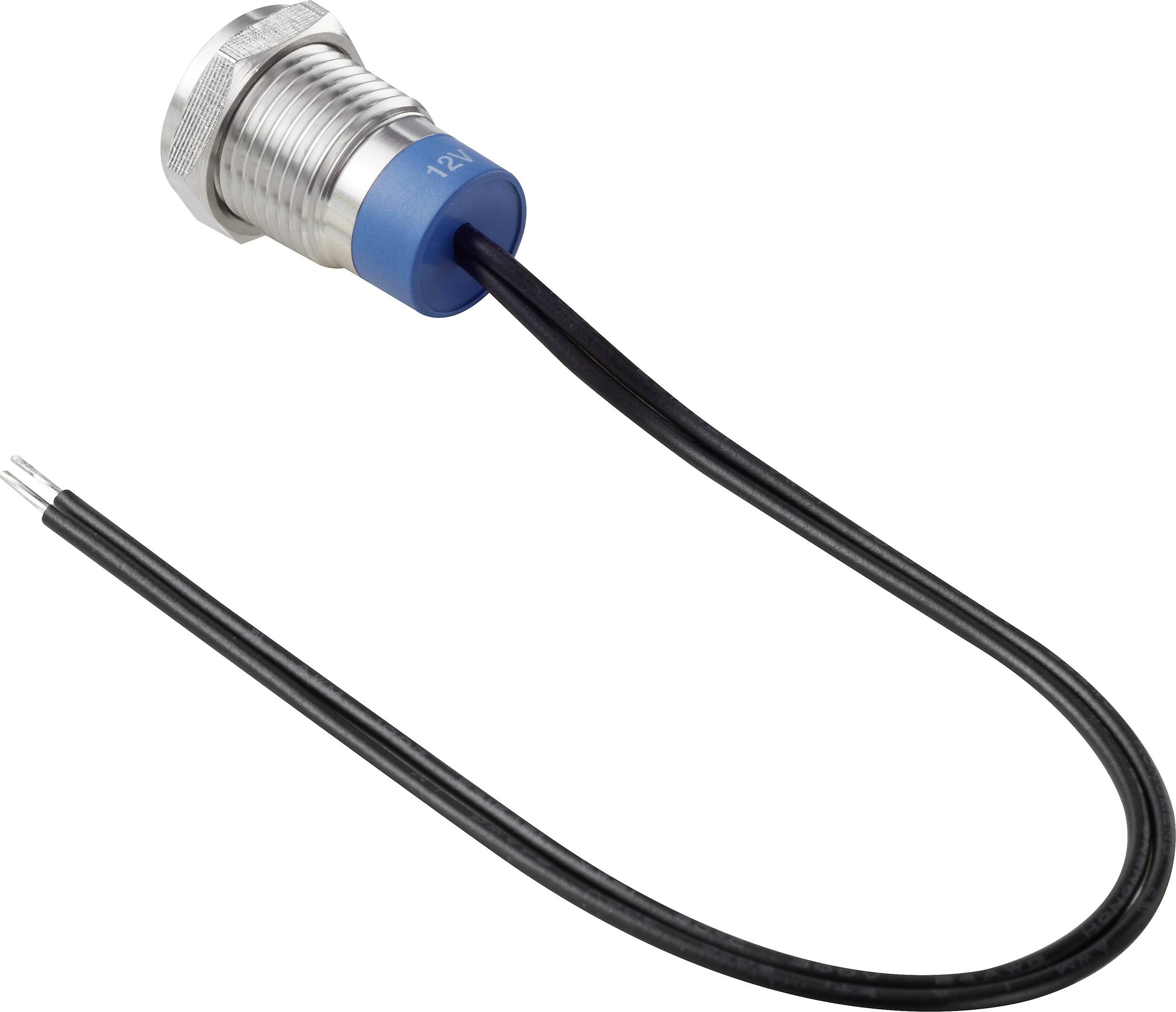 Metallsensor mit blauer Kappe und schwarzem Kabel, verwendet in industriellen Anwendungen zur Erkennung von Objekten.