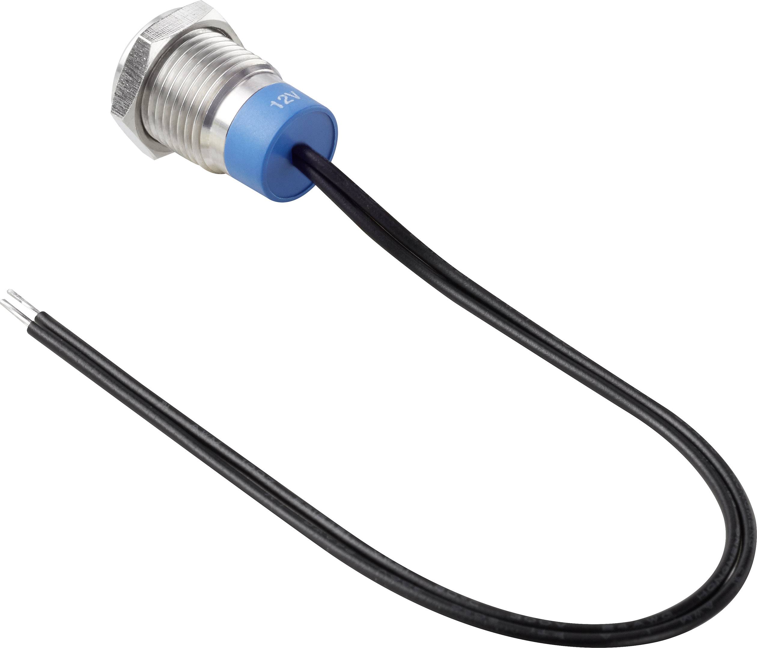 Ein zylindrischer Metall-Lichtsensor mit blauem Kunststoffteil und zwei angeschlossenen schwarzen Kabeln.