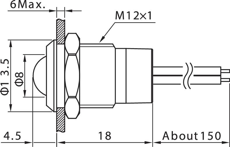 Technische Zeichnung eines zylindrischen Sensors. Maße in Millimetern: Durchmesser 8, Länge 18, und Kabellänge etwa 150.