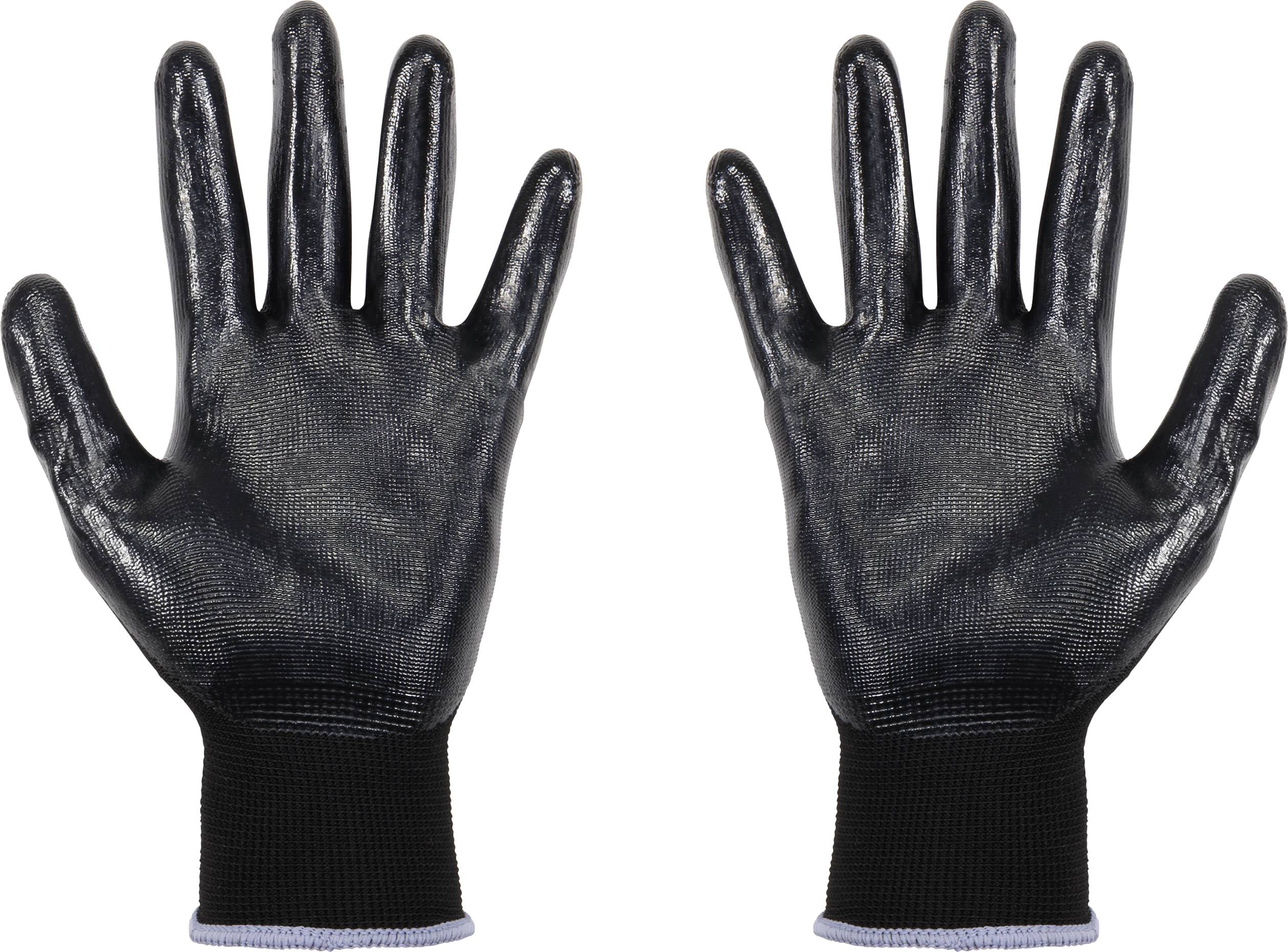 Zwei schwarze Schutzhandschuhe mit Stoffbündchen, symmetrisch nebeneinander, Fingerspitzen nach oben gerichtet.