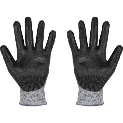 Zwei schwarze Arbeitshandschuhe mit grauen Handgelenksbündchen, flach nebeneinander liegend, innen mit gummierter Handfläche.
