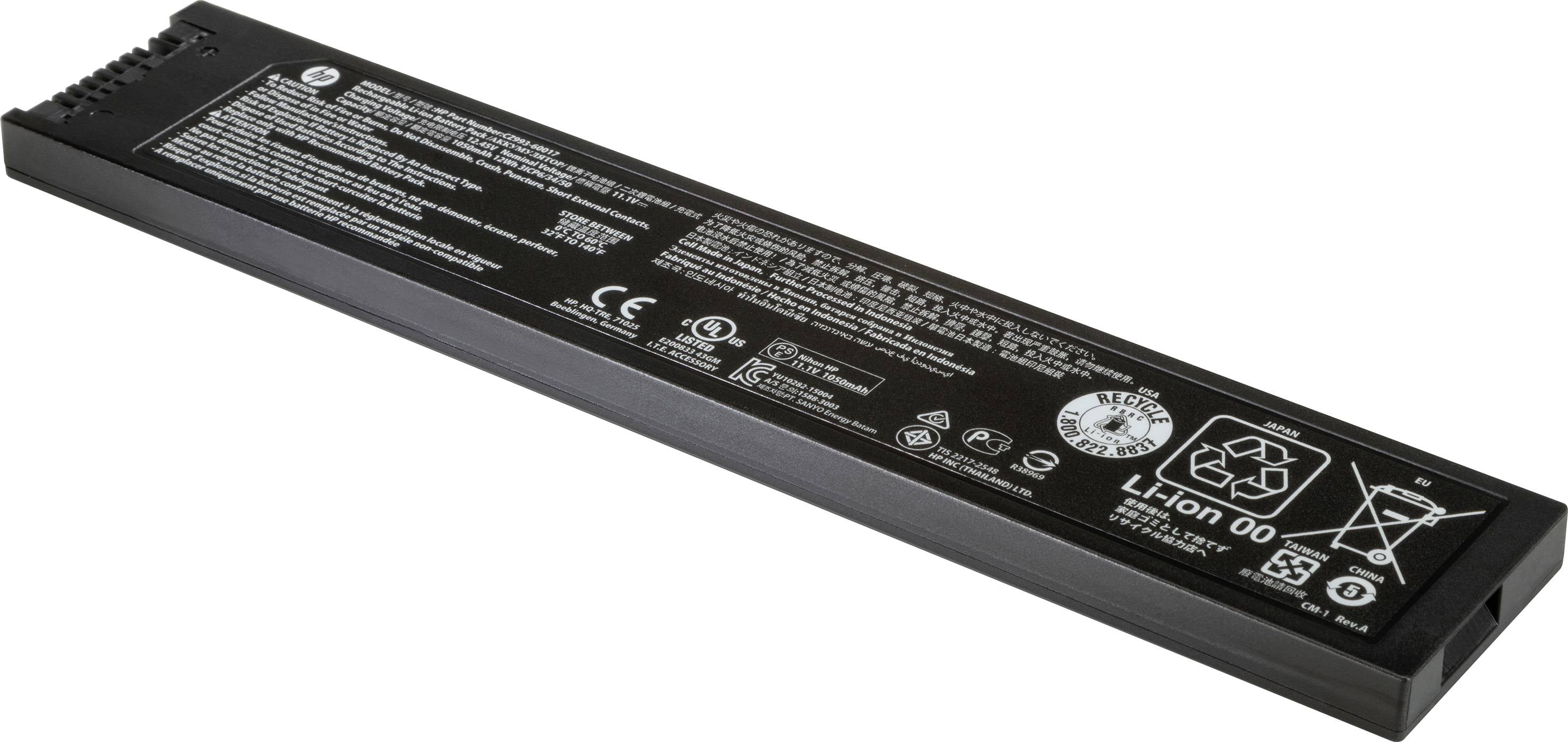 Ein schlanker, rechteckiger Lithium-Ionen-Laptop-Akku mit verschiedenen Warnhinweisen und technischen Spezifikationen auf der Oberfläche.