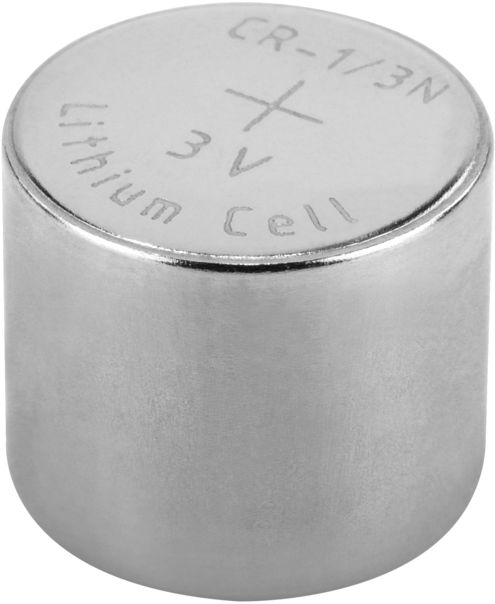 Eine zylindrische Lithium-Batterie mit der Aufschrift 'CR-1/3N', '3V', 'Lithium Cell'.