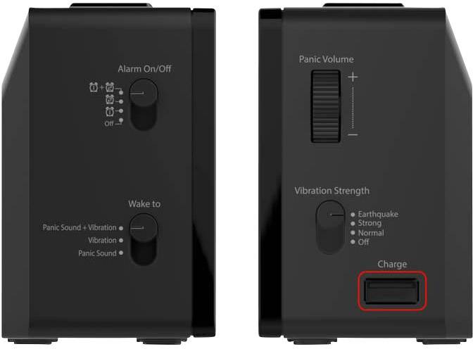 Zwei schwarze Geräte mit Schaltern: Links 'Alarm Ein/Aus', 'Wecken zu'. Rechts 'Paniklautstärke', 'Vibrationsstärke', 'Ladestatus'.