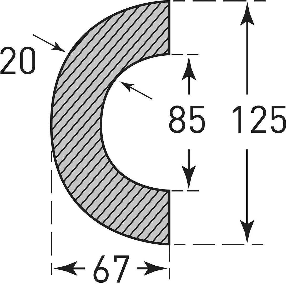 Technische Zeichnung eines Bogens mit Bemaßung: Innendurchmesser 85, Außendurchmesser 125, Breite 20, Höhe 67.