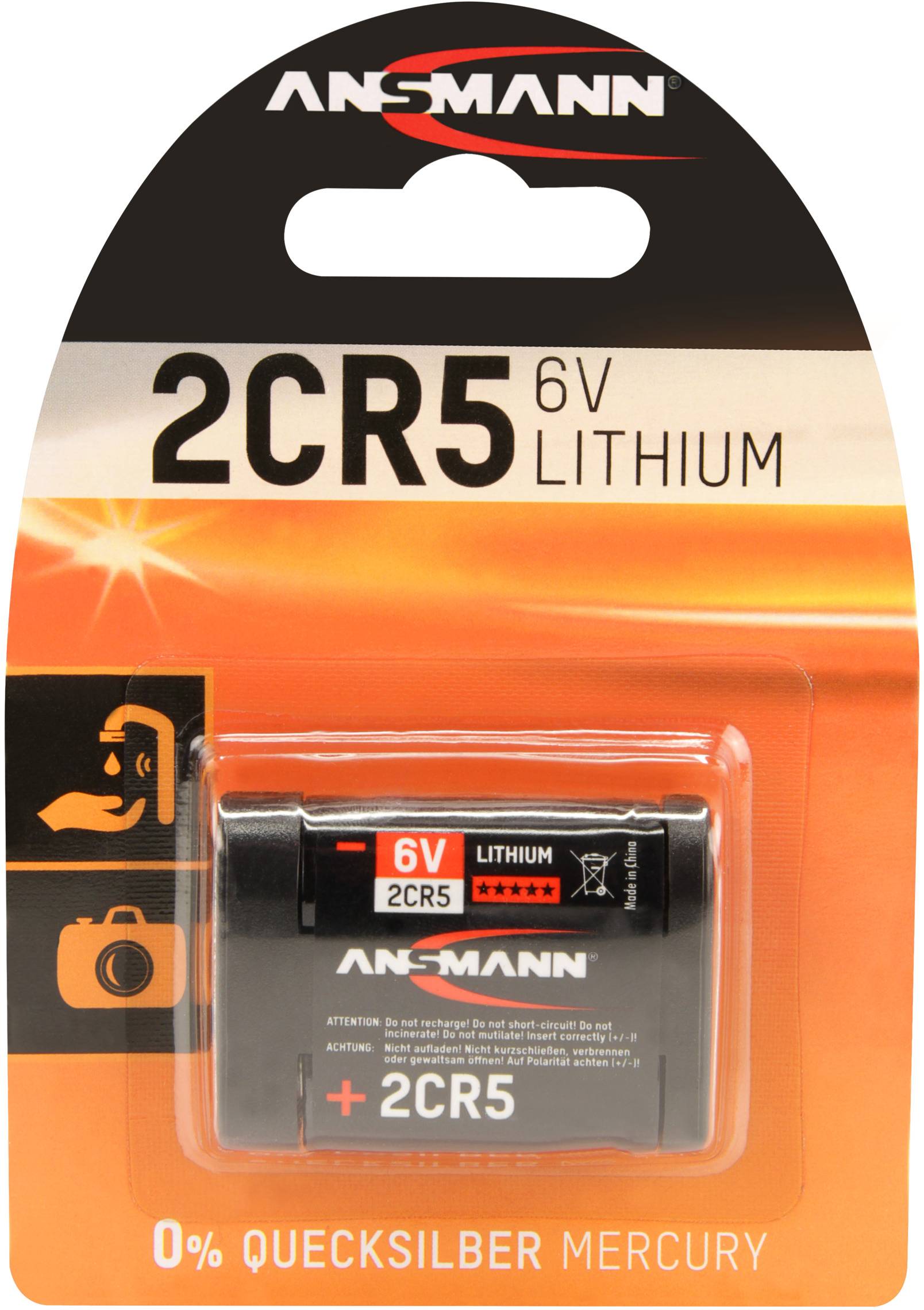 'Blisterpackung mit Ansmann 2CR5 Lithium Batterie, 6V, für Fotoapparate geeignet, ohne Quecksilber.'