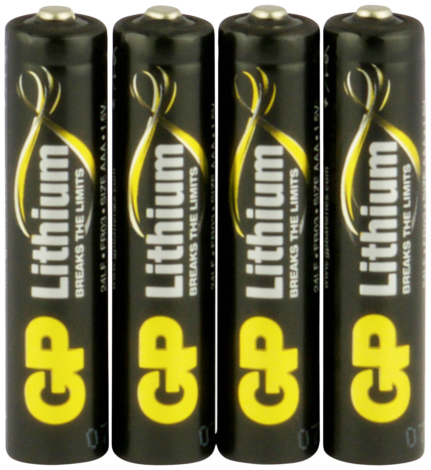 Vier schwarze Lithium-Batterien der Größe AAA mit gelbem Text 'GP Lithium'.