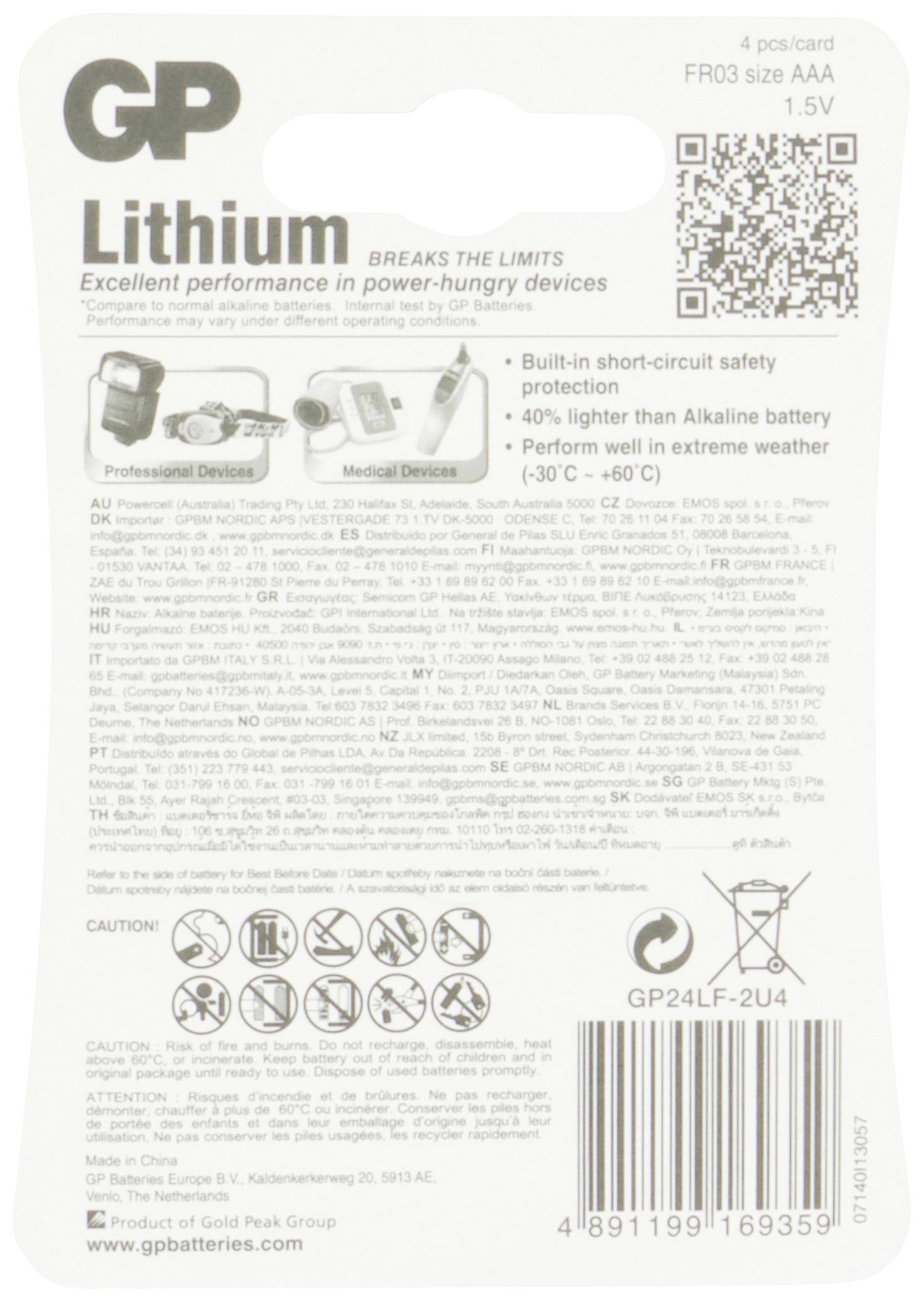 Rückseite einer GP Lithium-Batterieverpackung: zeigt Details zur Leistung, Sicherheit, Temperaturbereich und Anwendungsbeispiele.