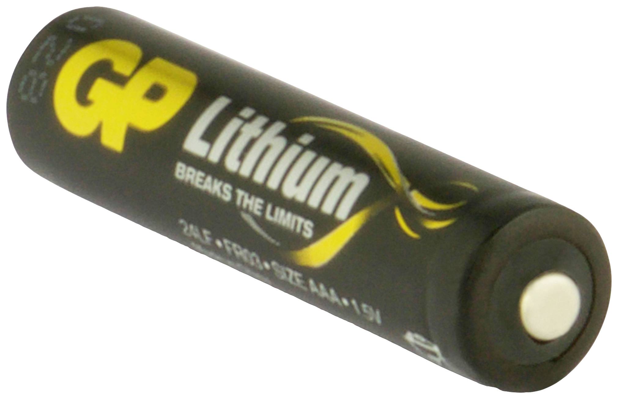 Eine GP AAA Lithium-Batterie mit der Aufschrift 'Breaks the Limits', geeignet für energieintensive Geräte.