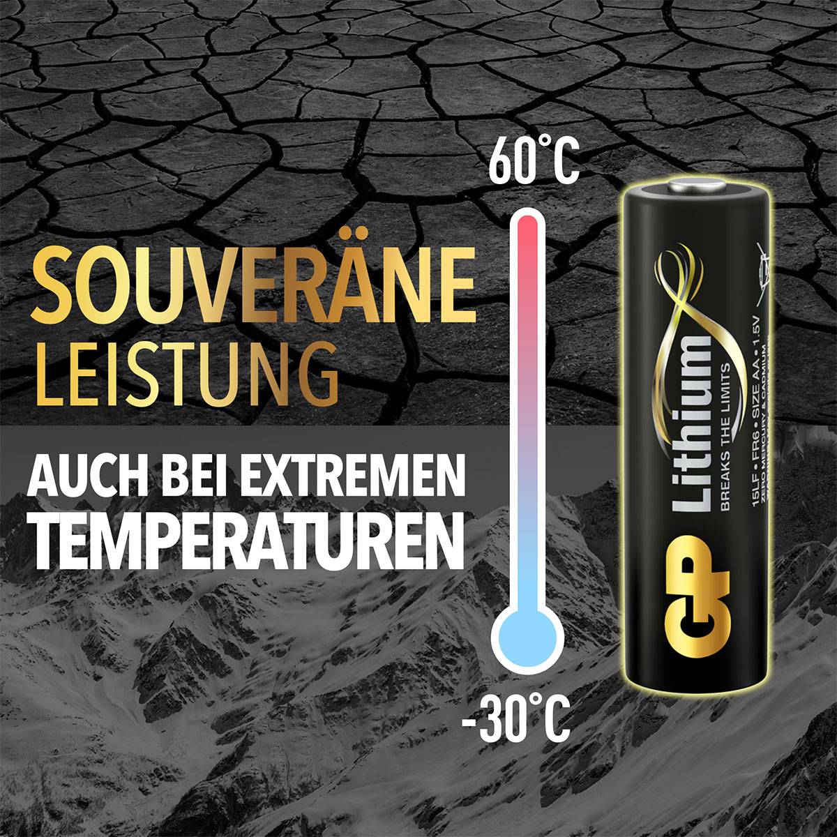 'Batterie mit hoher Leistungsfähigkeit bei Temperaturen von -30°C bis 60°C, Text: "Souveräne Leistung auch bei extremen Temperaturen".'