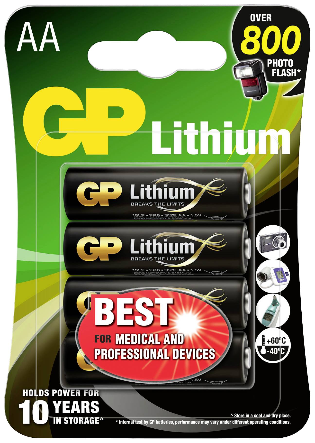 Drei AA GP Lithium-Batterien auf einer Verpackung. Text: 'Best for medical and professional devices'. Nutzbar für Medizin- und Profizubehör.