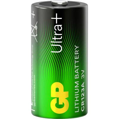 Gelb-grüne Lithium-Mangan-Batterie Ultrafire CR123A 3V mit Pluszeichen und weißer Beschriftung auf schwarzem Gehäuse.