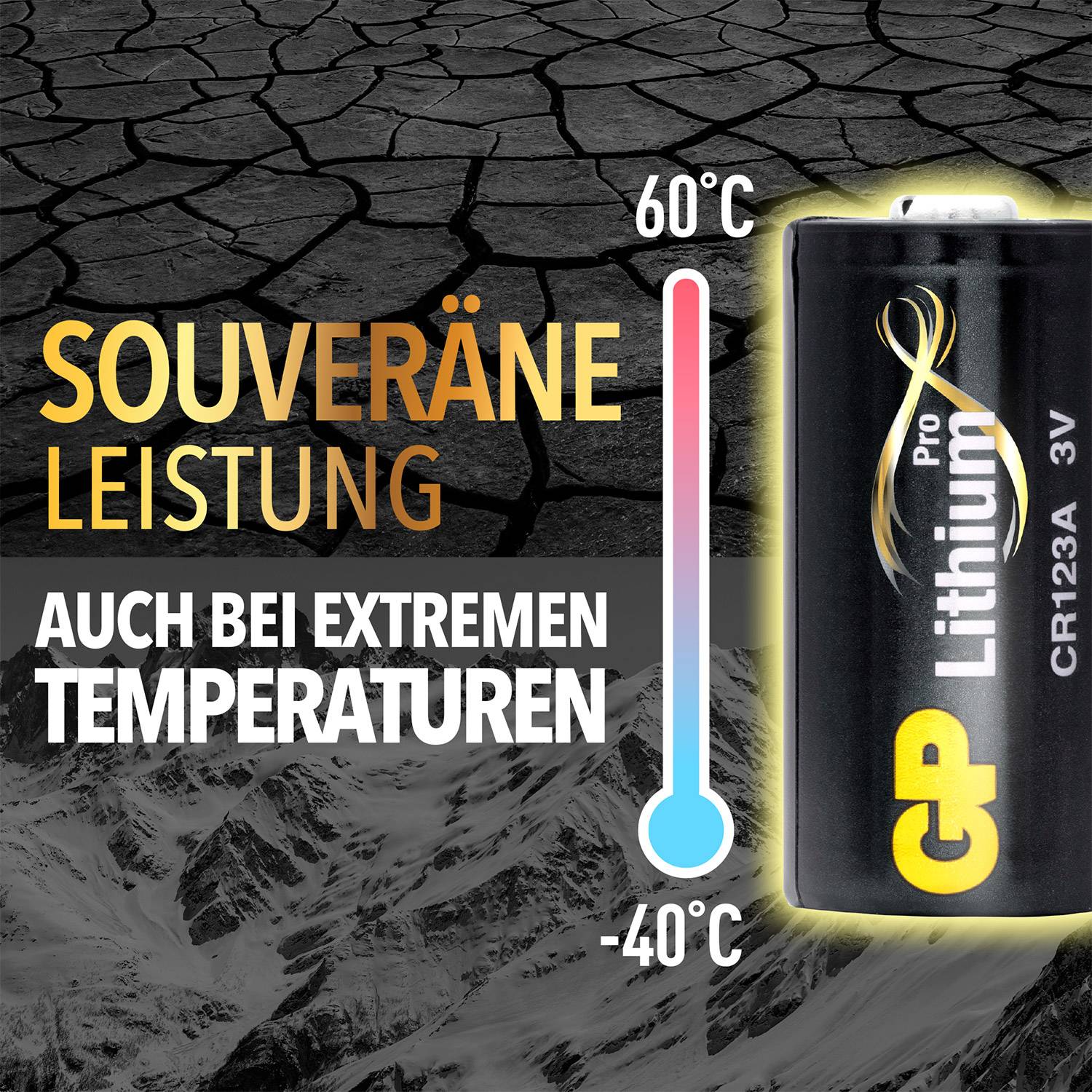 'Werbung für GP Lithium Batterie: Souveräne Leistung auch bei extremen Temperaturen von -40°C bis 60°C. Hintergrund zeigt dürre Landschaft.'