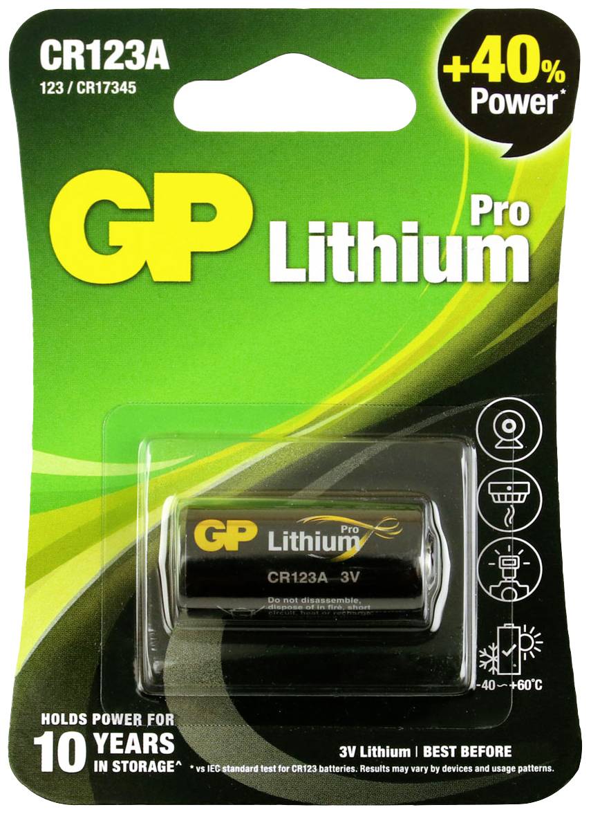 'GP Lithium Pro CR123A'-Batterie in Verpackung. Verspricht 40% mehr Leistung. Geeignet für Geräte, die CR123-Batterien erfordern.