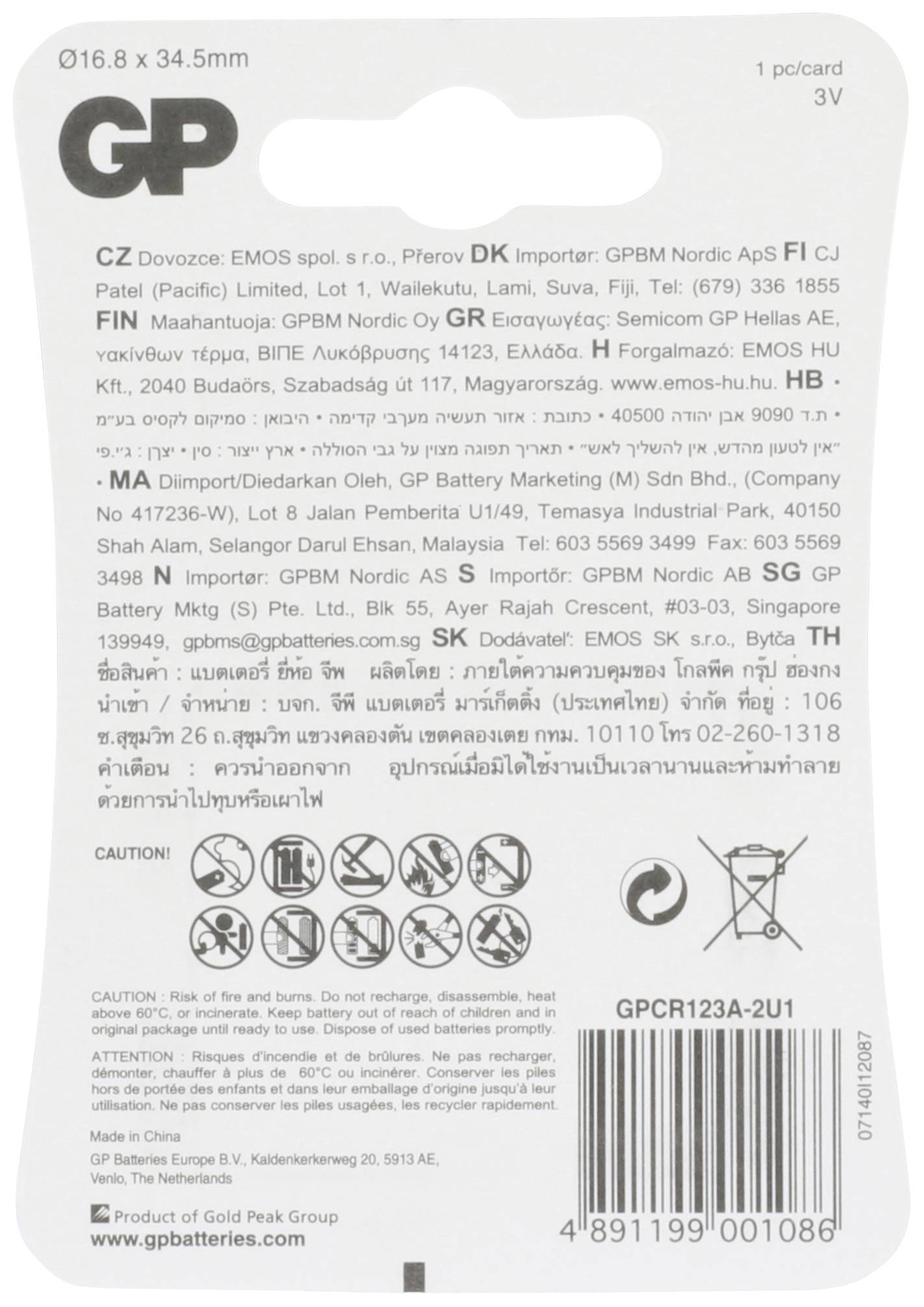 'GP Batterie CR123A, 3V. Verpackung mit Unternehmensinformationen und Kontaktadressen in mehreren Ländern, einschließlich CZ, DK, FI.'