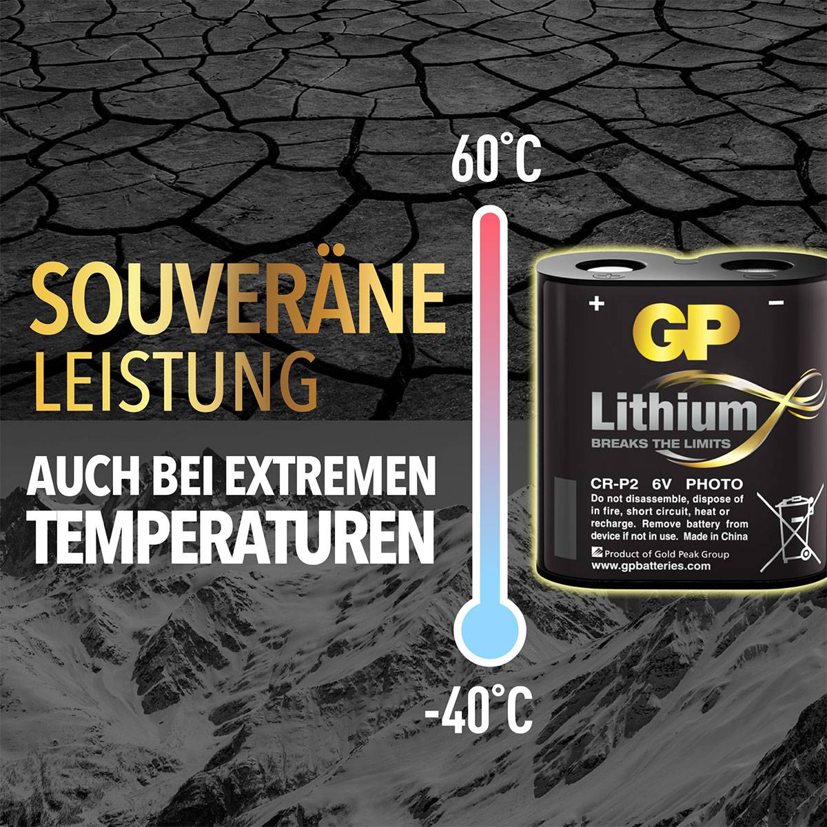 Batterie auf gekacheltem Hintergrund; Text: 'Souveräne Leistung', 'Auch bei extremen Temperaturen', zeigt Temperaturbereich -40 °C bis 60 °C.