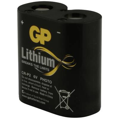 Schwarzer GP Lithium CR-P2 Akku mit 6 V für Fotoapparate, auf dem 'BREAKS THE LIMITS' steht. Warnhinweise und Herstellerinfos unten.