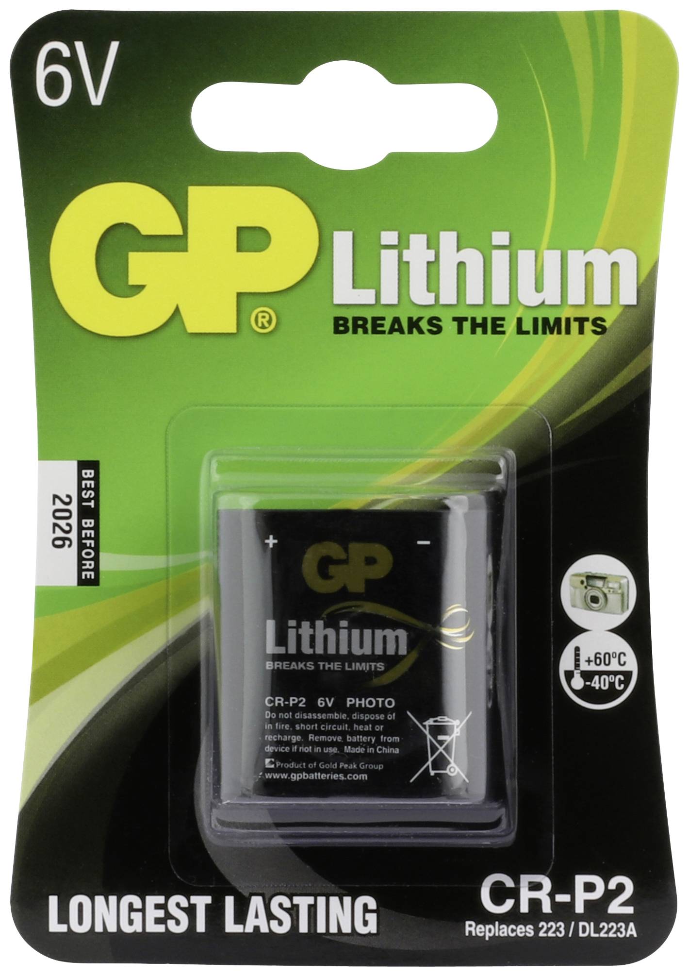 'GP Lithium 6V CR-P2' Batterie-Verpackung. Lange Lebensdauer, Temperaturbereich -40°C bis +60°C, Mindesthaltbarkeit 2026.