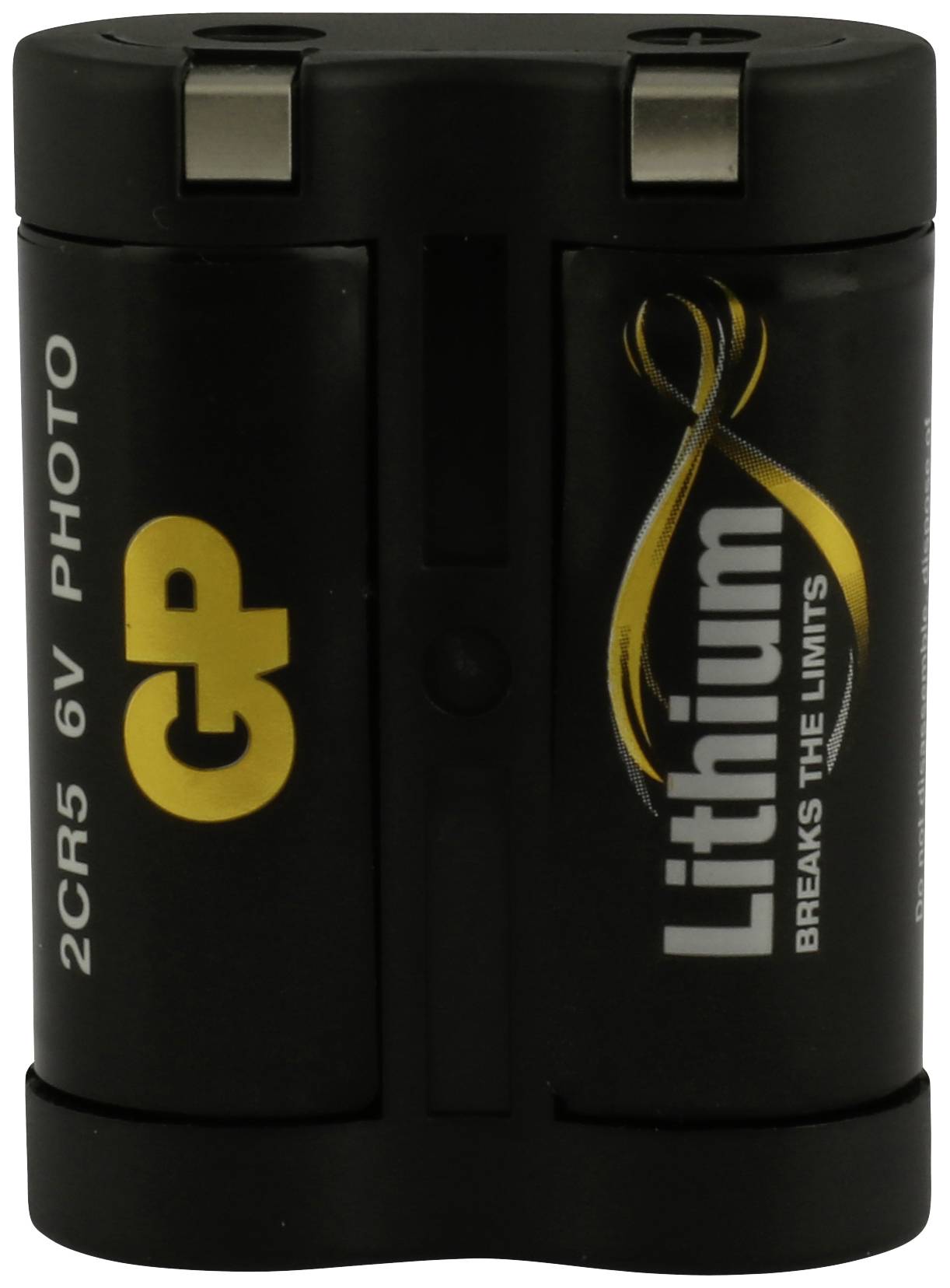 'Schwarze 6V Lithium-Batterie mit der Aufschrift "2CR5 6V PHOTO" und "Lithium BREAKS THE LIMITS", gelbes GP-Logo.'