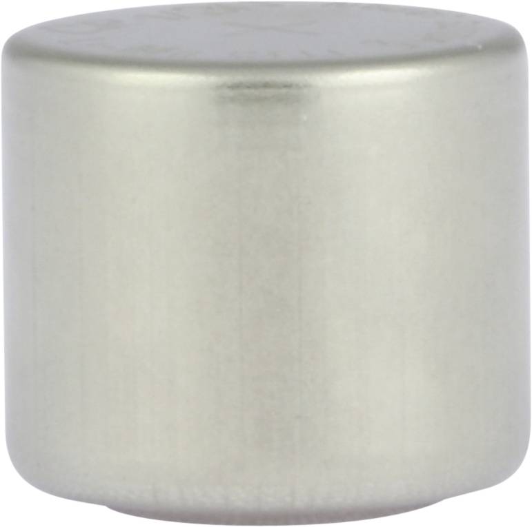 Zylinderförmiger Metallknopf, glänzend und glatt, wahrscheinlich eine Kappe oder Abdeckung.