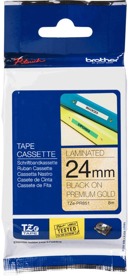 Verpackung für Brother P-touch TZe-Bandkassette. Texte: '24 mm', 'Black on Premium Gold', '8m Länge'. Enthält drei farbige Kassetten.