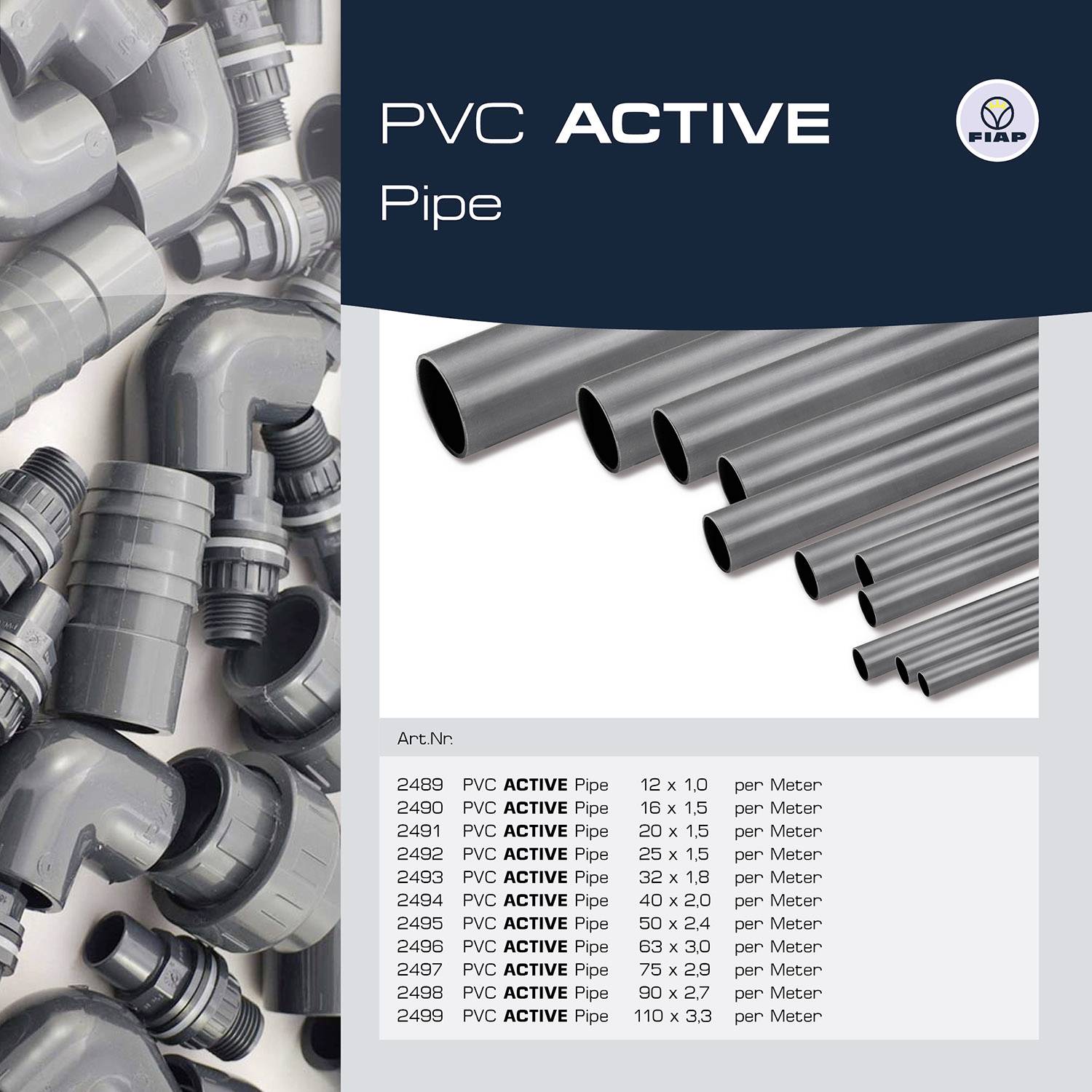 'PVC ACTIVE Pipe' Katalogseite zeigt graue PVC-Rohre in verschiedenen Größen, mit Artikelnummern, Maßen und Preisen pro Meter.
