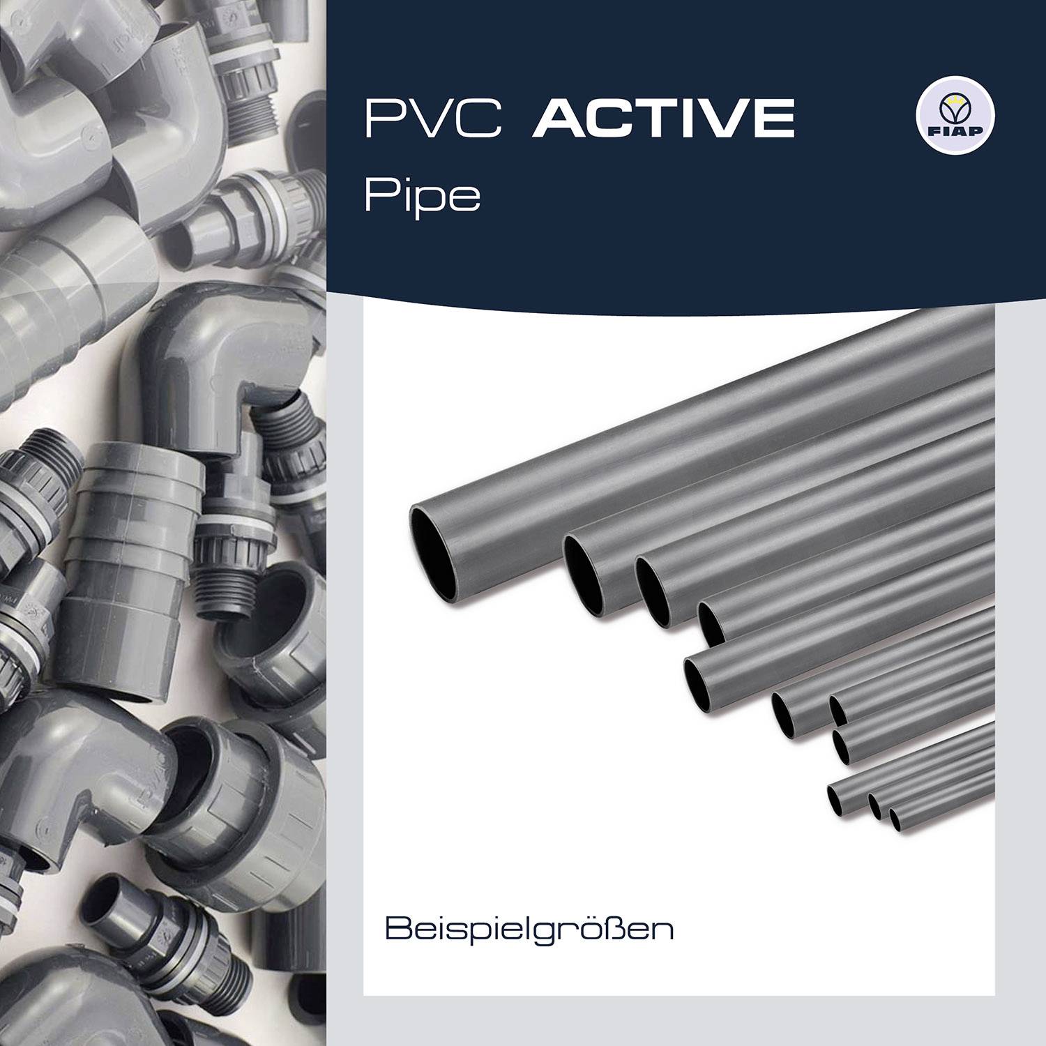 'PVC ACTIVE Pipe' Produktbild mit verschiedenen PVC-Rohren, Steckverbindungen und dem Logosymbol oben rechts. Beispielfoto von Rohrgrößen.