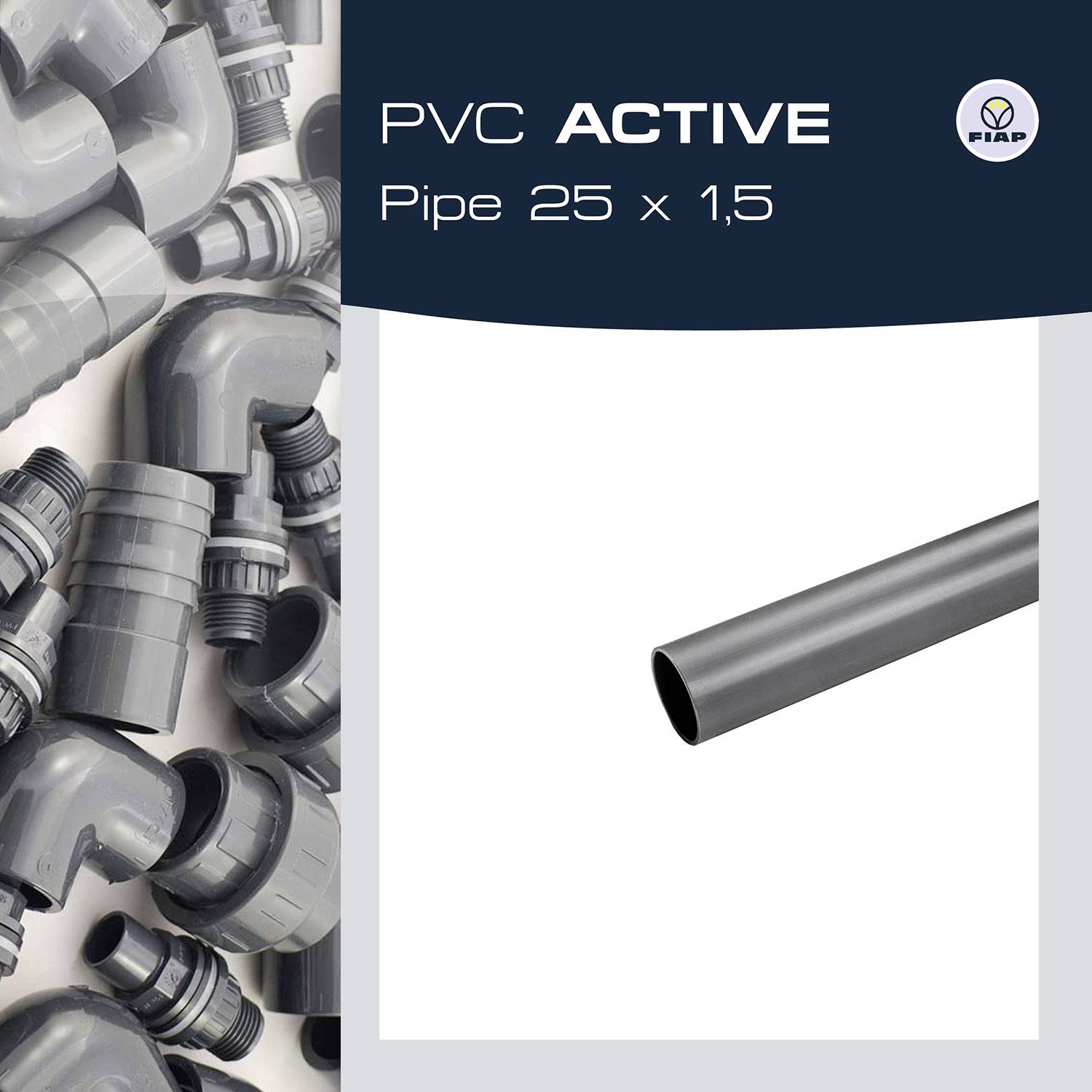 'PVC ACTIVE Pipe 25 x 1,5' - Bild zeigt graue PVC-Rohre in verschiedenen Größen und Formen auf der linken Seite und ein einzelnes Rohr auf der rechten Seite.