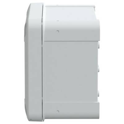 Weiße, rechteckige, wandmontierte Box mit glatter Oberfläche und abgerundeten Kanten, möglicherweise ein Gehäuse oder Gehäuse für ein elektronisches Gerät.