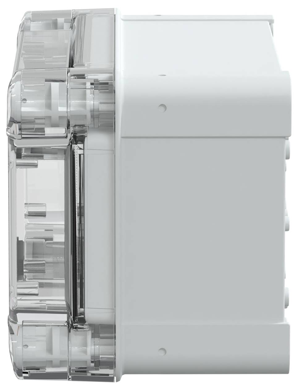 Seitenansicht eines weißen, kompakten mechanischen Geräts mit einem transparenten Abschnitt auf der linken Seite, möglicherweise Teil einer größeren Baugruppe oder Maschine.