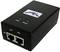 Schwarzer Power-over-Ethernet-Adapter mit zwei Netzwerkanschlüssen und Betriebsleuchten für LAN und Strom.
