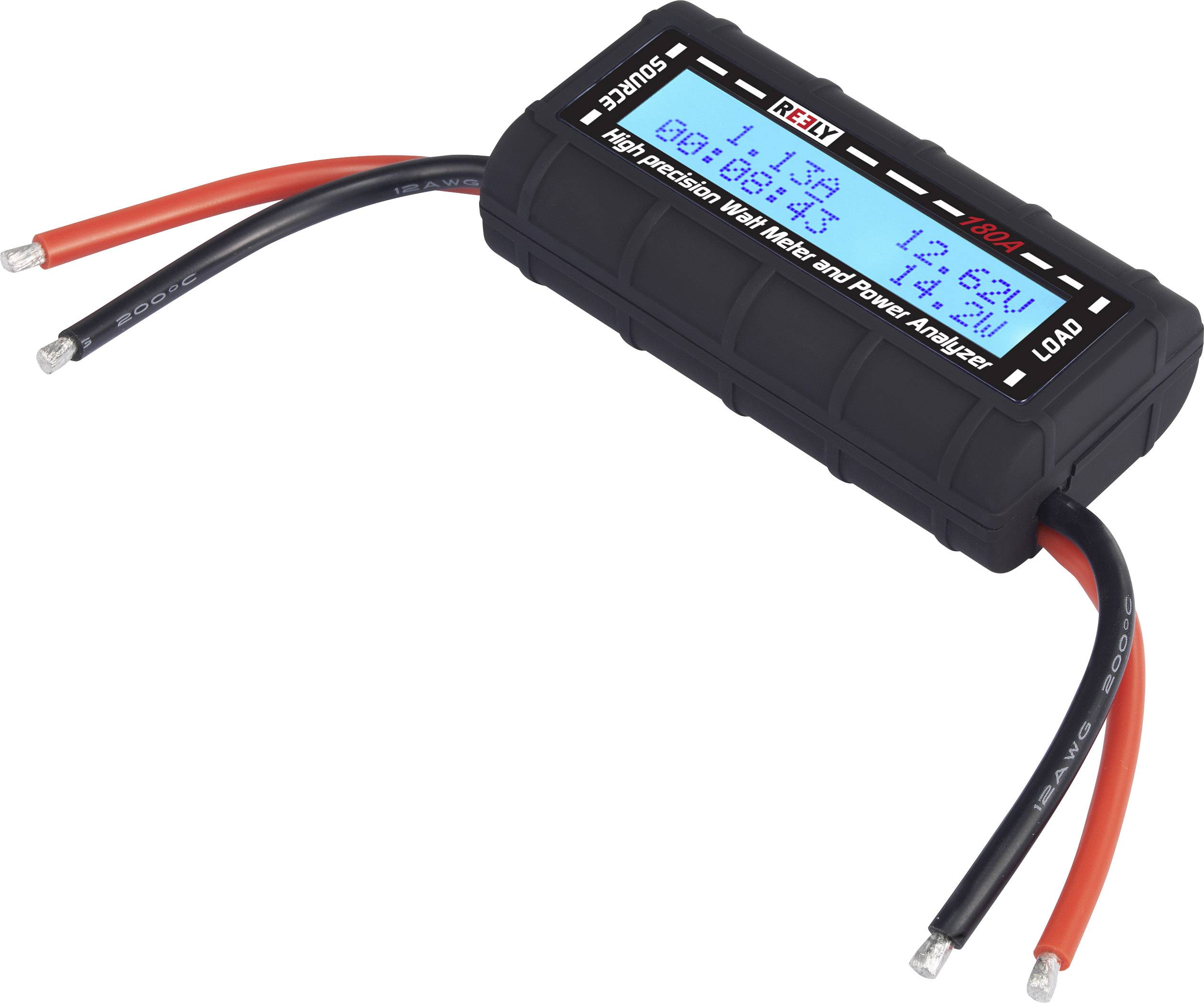 Ein digitales Wattmeter zeigt Messwerte auf einem blauen Display an. Zwei Kabel sind an das Gerät angeschlossen.