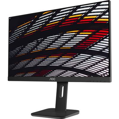 Ein Computerbildschirm der Marke AOC zeigt ein Grafikmuster mit diagonalen Linien in Rot, Schwarz und Weiß.