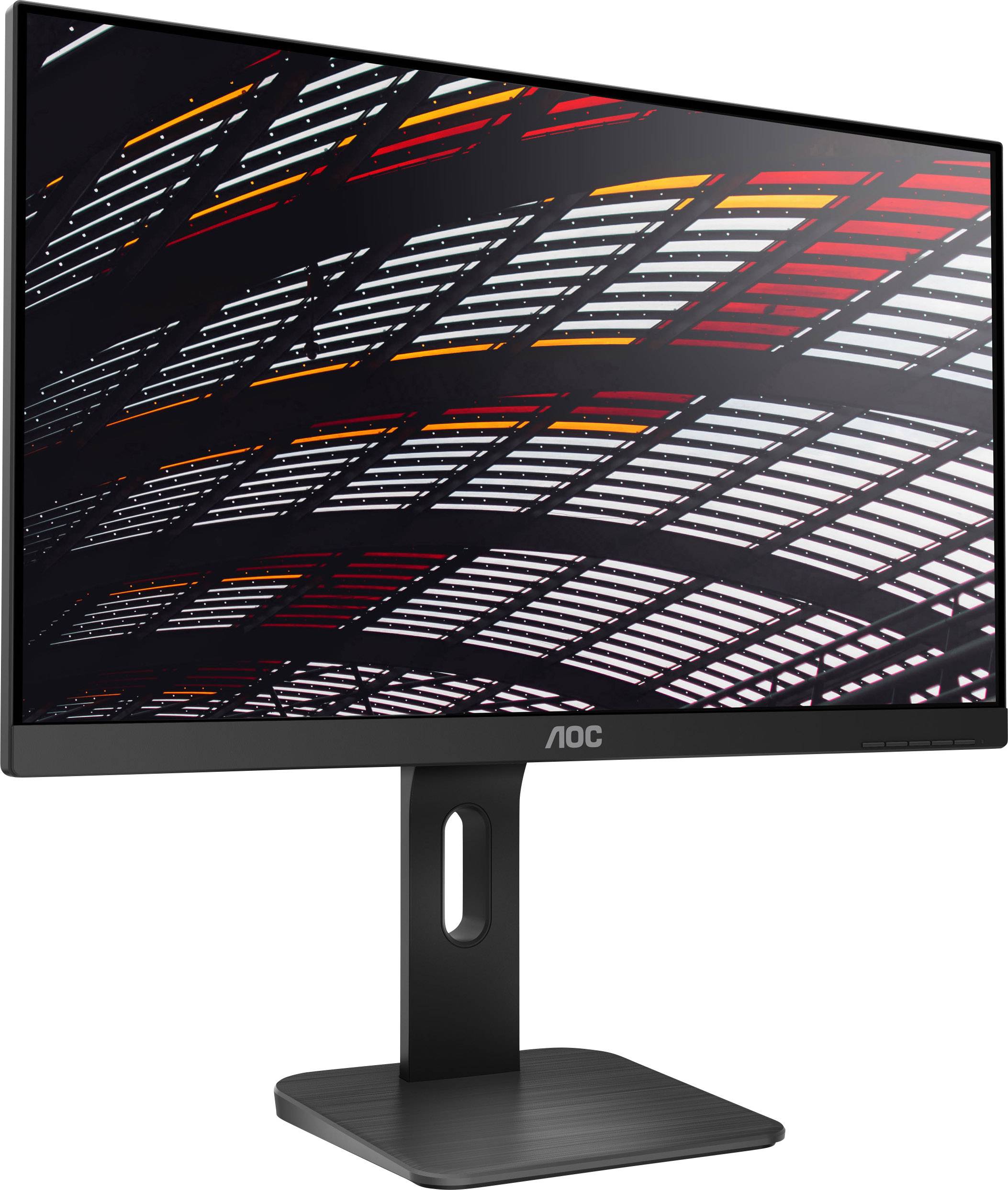 Ein Monitor von AOC mit einem schwarzen Rahmen und einem stabilen Standfuß zeigt ein Muster aus horizontalen, leuchtend farbigen Linien.