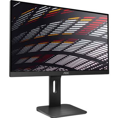 Ein Monitor von AOC mit einem schwarzen Rahmen und einem stabilen Standfuß zeigt ein Muster aus horizontalen, leuchtend farbigen Linien.