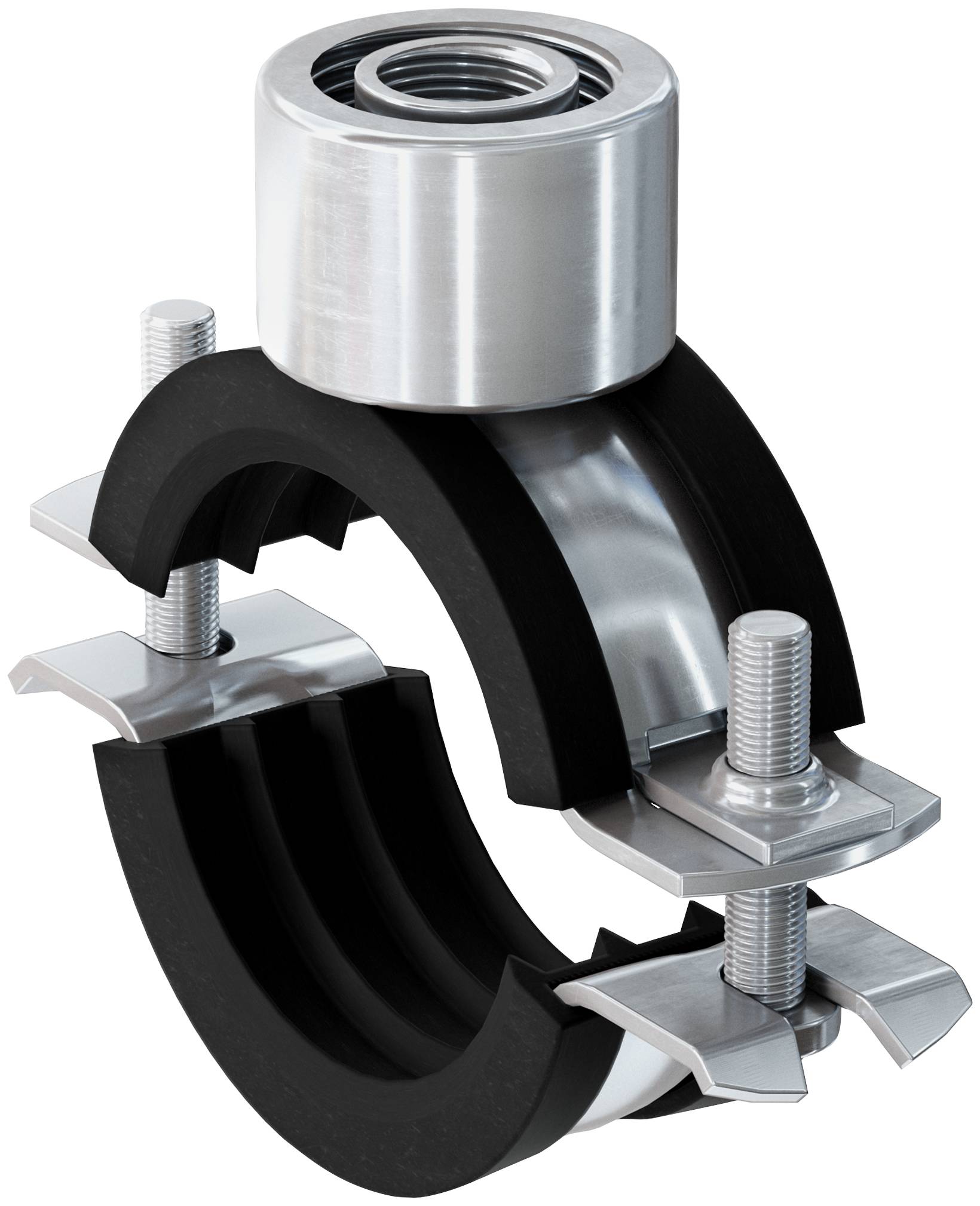 Querschnitt einer Metallrohrschellenmontage mit Gummiauskleidung und Gewindeschrauben, die zeigt, wie die beiden Hälften ein Rohr oder Kabel sichern.