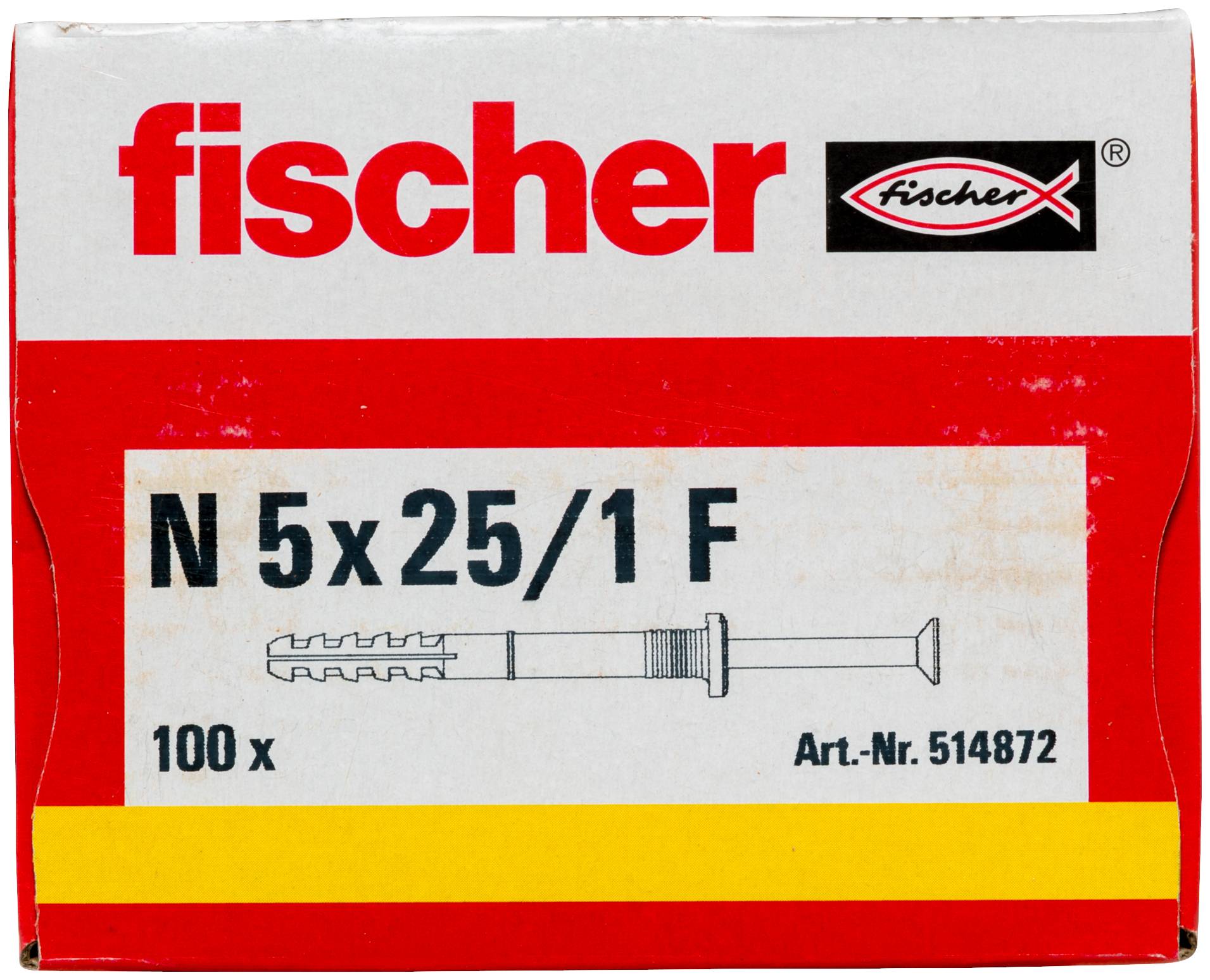 Packung Fischer N 5x25/1 F Wanddübel, gekennzeichnet mit '100 x' und 'Art.-Nr. 514872' mit einer Dübelabbildung.